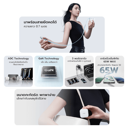 หัวชาร์จเร็วพร้อมสาย CUKTECH AD653W สีดำ GAN 65W รองรับ PD, PPS, QC_2